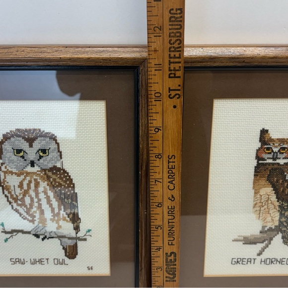 Four VTG 1970s MCM Cottagecore Embroidered Needlepoint Framed Owl 12x9” - Picture 7 of 8